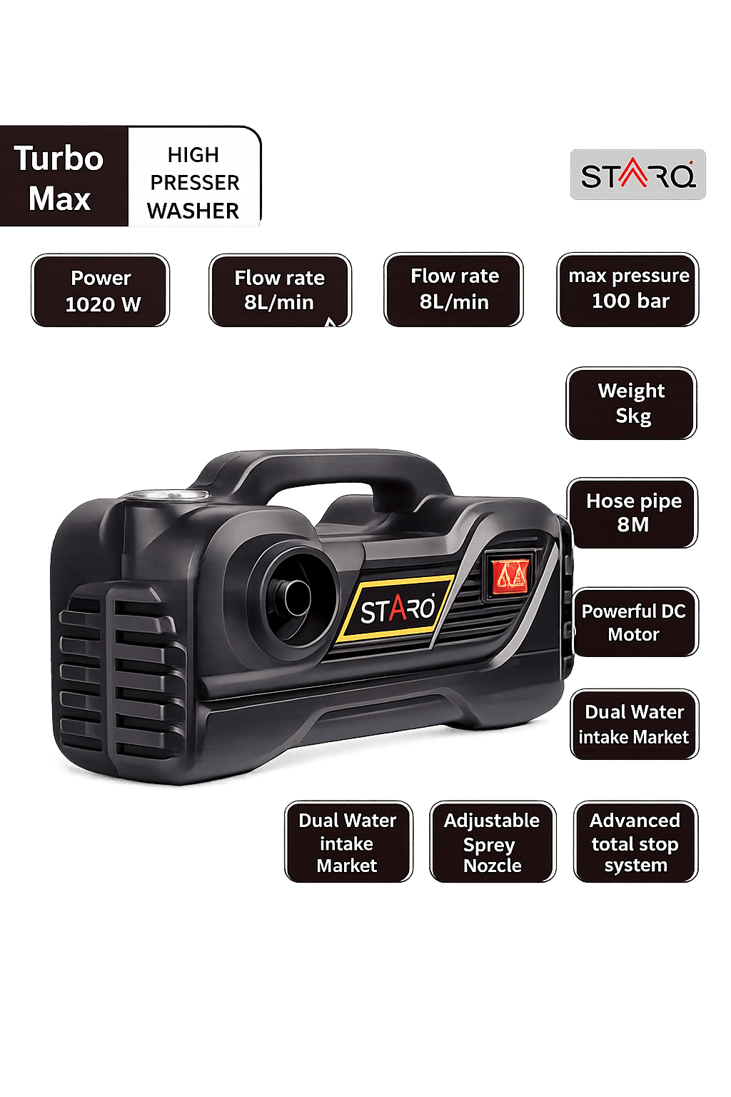 STARQ TurboMax 48V Cordless High Pressure Washer, 1020 Watts, 100 Bar, 8 LPM, with 2 x 4000mAh Batteries, 8 Meter Hose Portable Car, Bike, and Home Cleaning 2