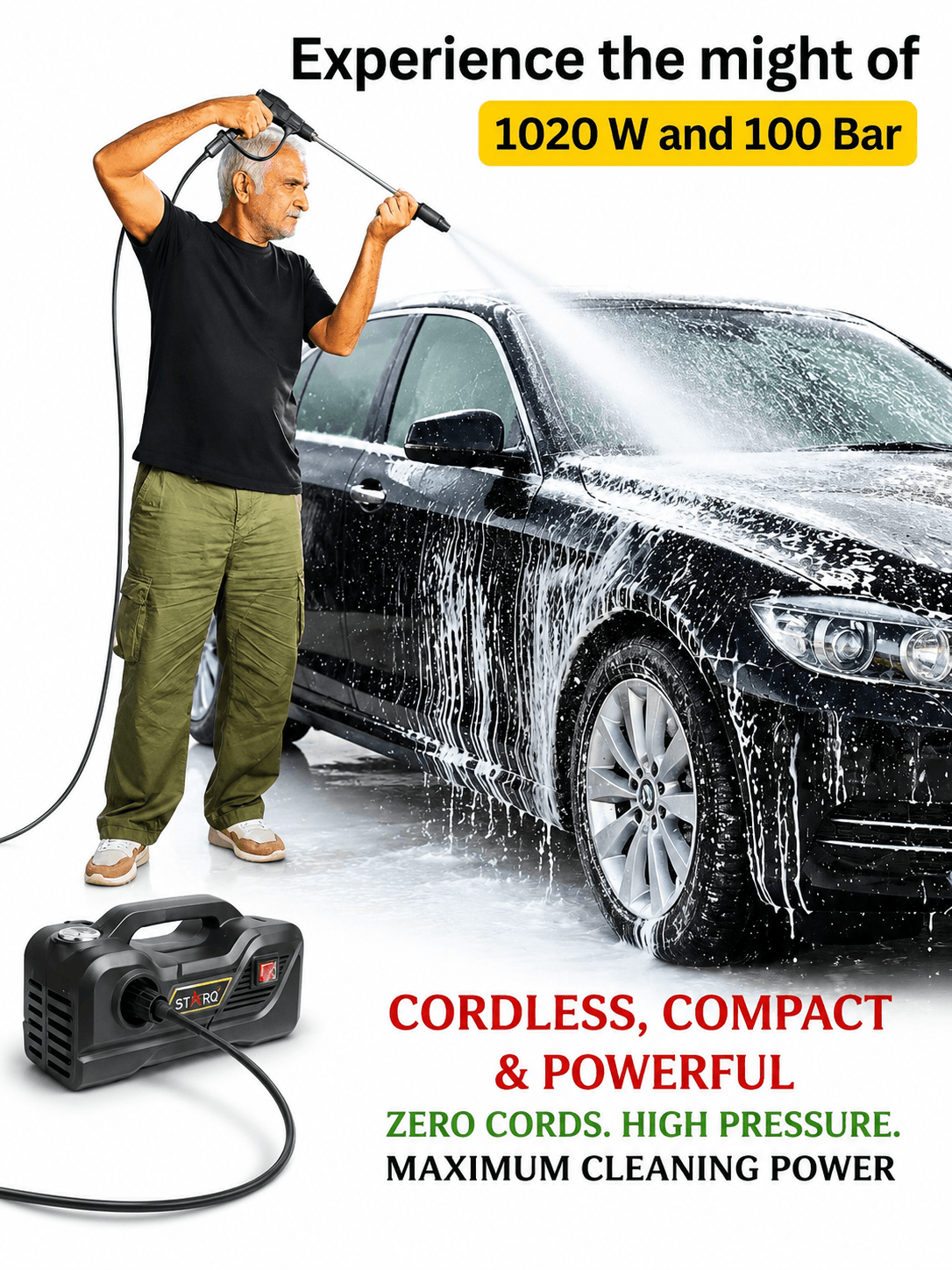 STARQ TurboMax 48V Cordless High Pressure Washer, 1020 Watts, 100 Bar, 8 LPM, with 2 x 4000mAh Batteries, 8 Meter Hose Portable Car, Bike, and Home Cleaning 5