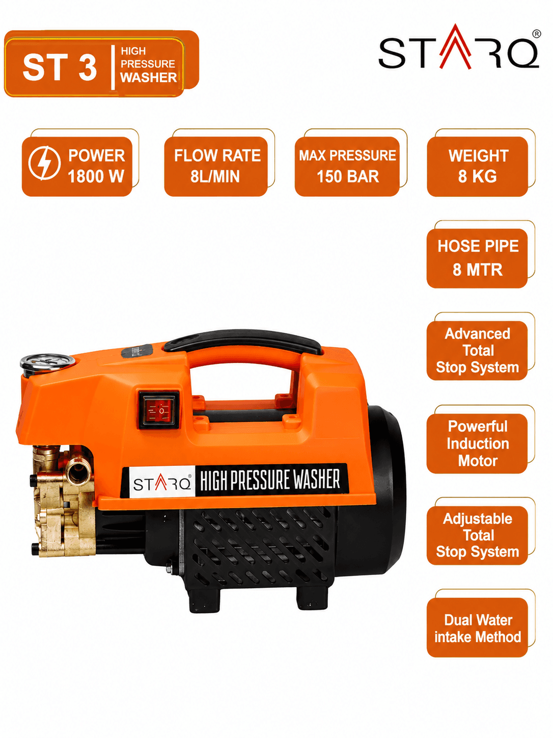 STARQ ST3 1800W Heavy Duty High Pressure Washer 150 Bar, 8L/Min Flow, Brass Coated Pump, Copper Motor Portable Car, Bike, Home, AC & Solar Cleaning Machine 4