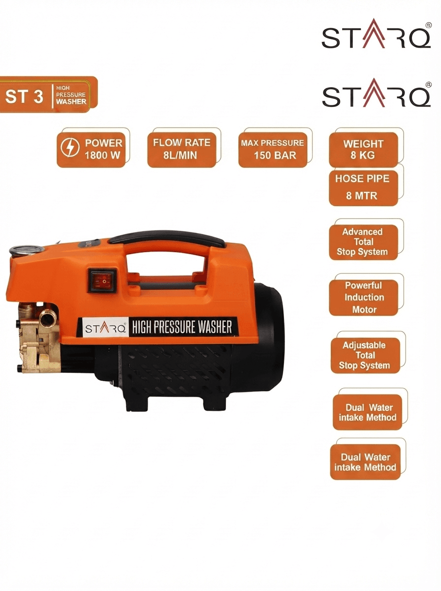 STARQ ST3 1800W Heavy Duty High Pressure Washer 150 Bar, 8L/Min Flow, Brass Coated Pump, Copper Motor Portable Car, Bike, Home, AC & Solar Cleaning Machine with Black Foam Canon (ST3 Combo) 3