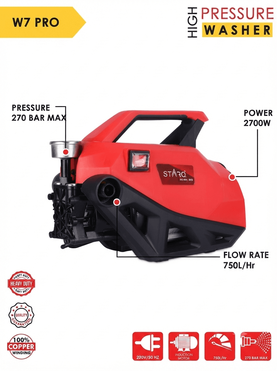 STARQ® W7 2700W | 270 Bar | Heavy Duty High Pressure Washer | Red (Standard) 2