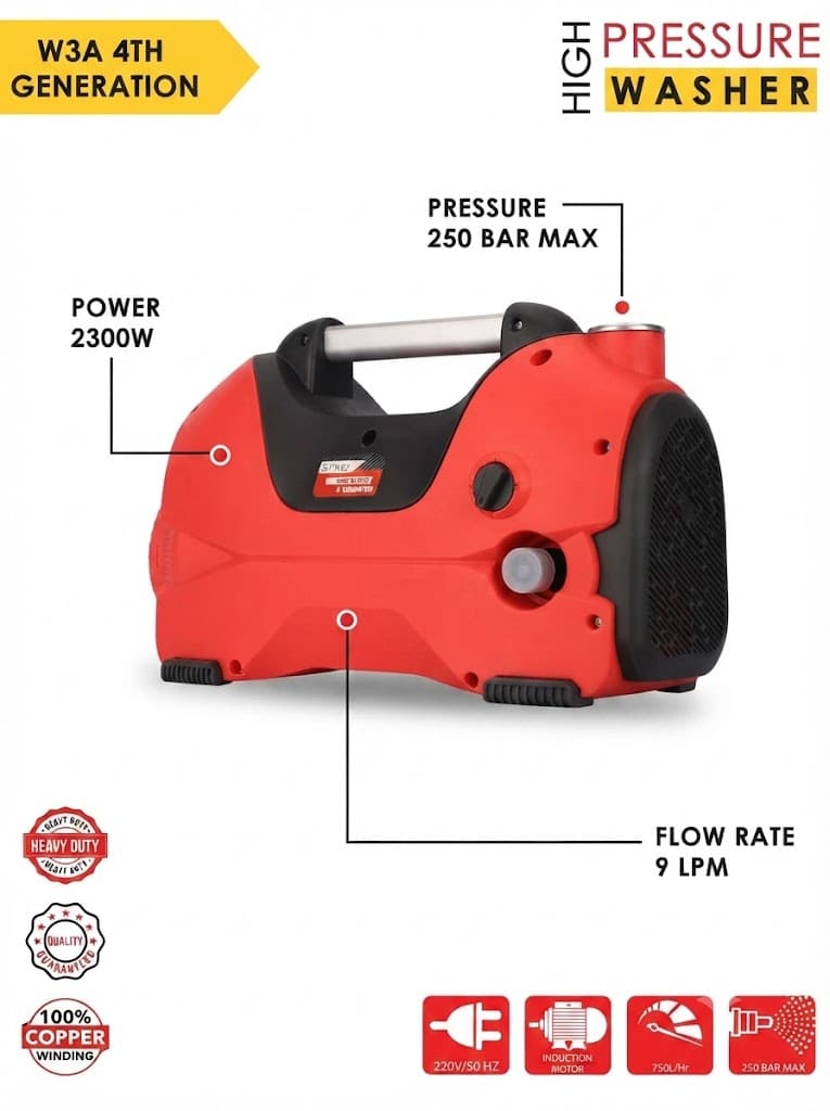 STARQ W3A 4TH Generation I 2300W I 250 Bar I Heavy Duty High Pressure Car Washer I Red (Standard) 4