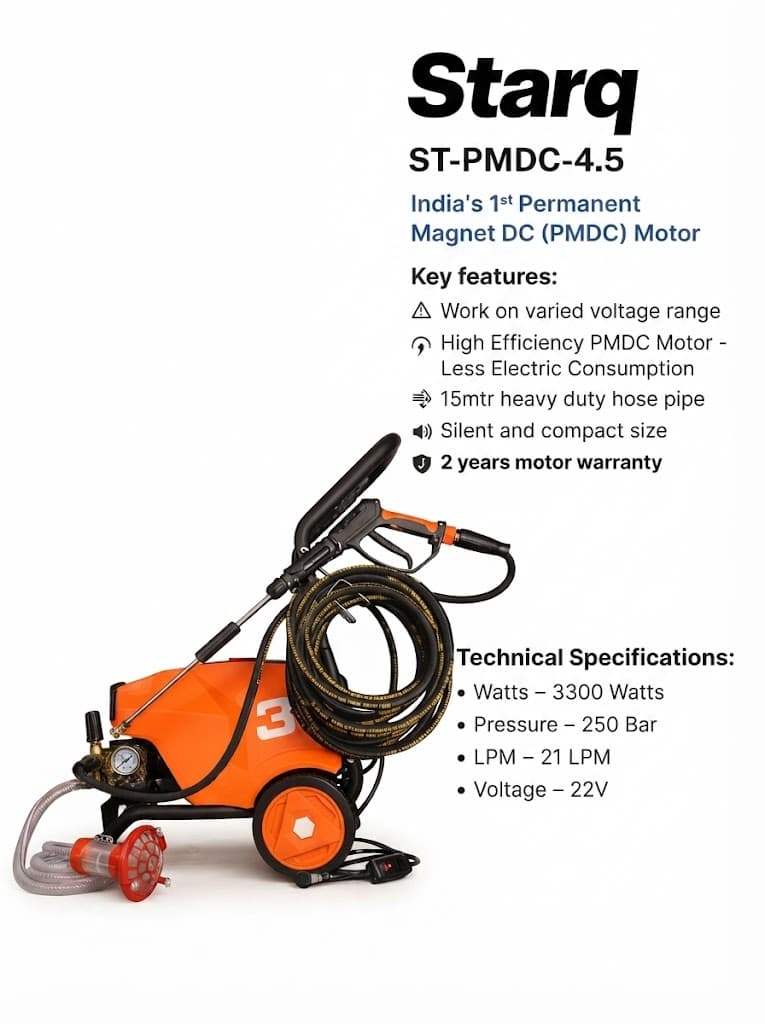 STARQ STPMDC 4.5 Commercial High Pressure Washer with PMDC Motor India’s 1st PMDC Pressure Washer 3300W 4.5HP 250 Bar 21 LPM 15m Hose for Car Bike Home & Truck Cleaning 2