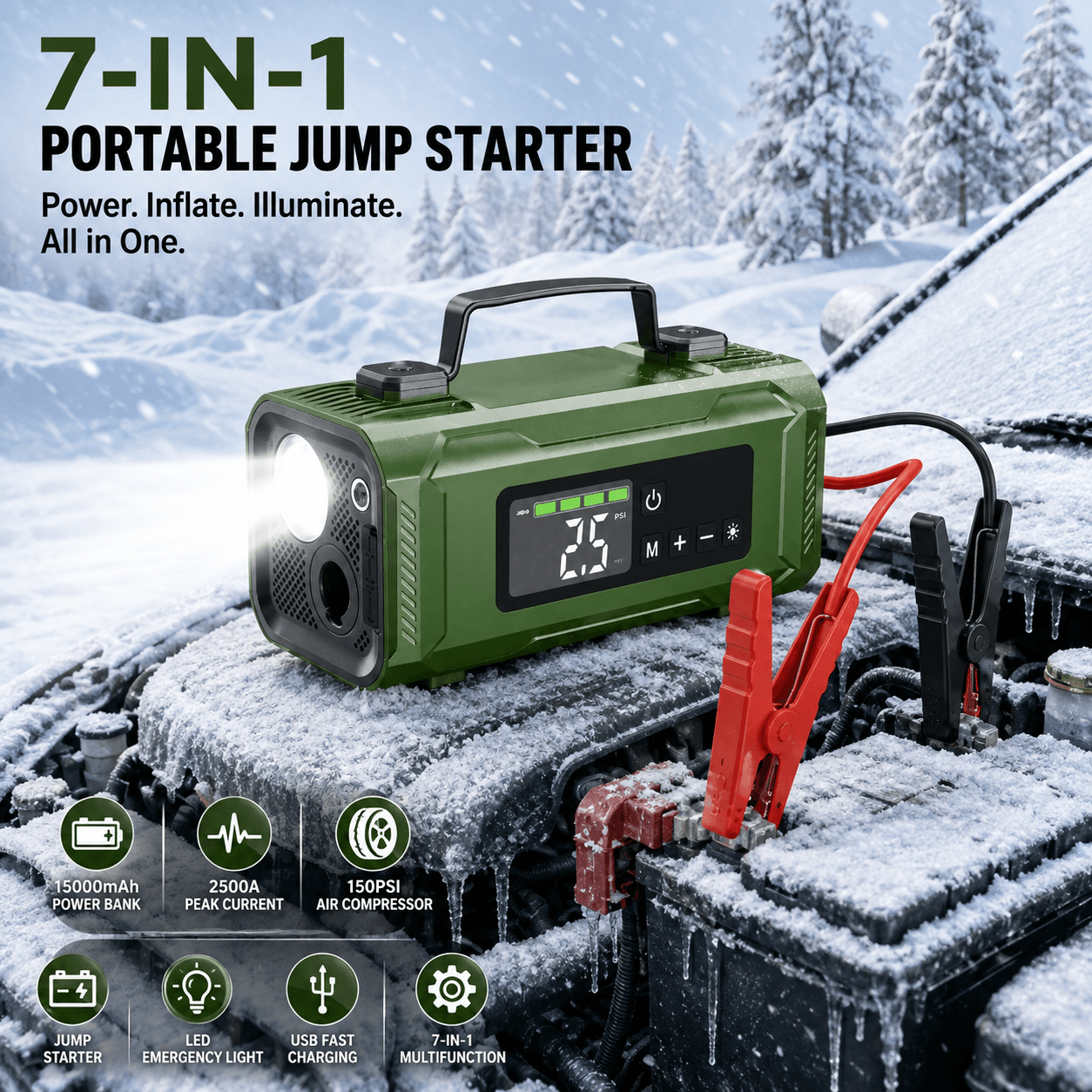 STARQ 7-in-1 Portable Jump Starter with Air Compressor, 15000mAh Battery, 2500A Peak Current, 150PSI Tyre Inflator, LED Emergency Light for Car, Bike & SUV 4