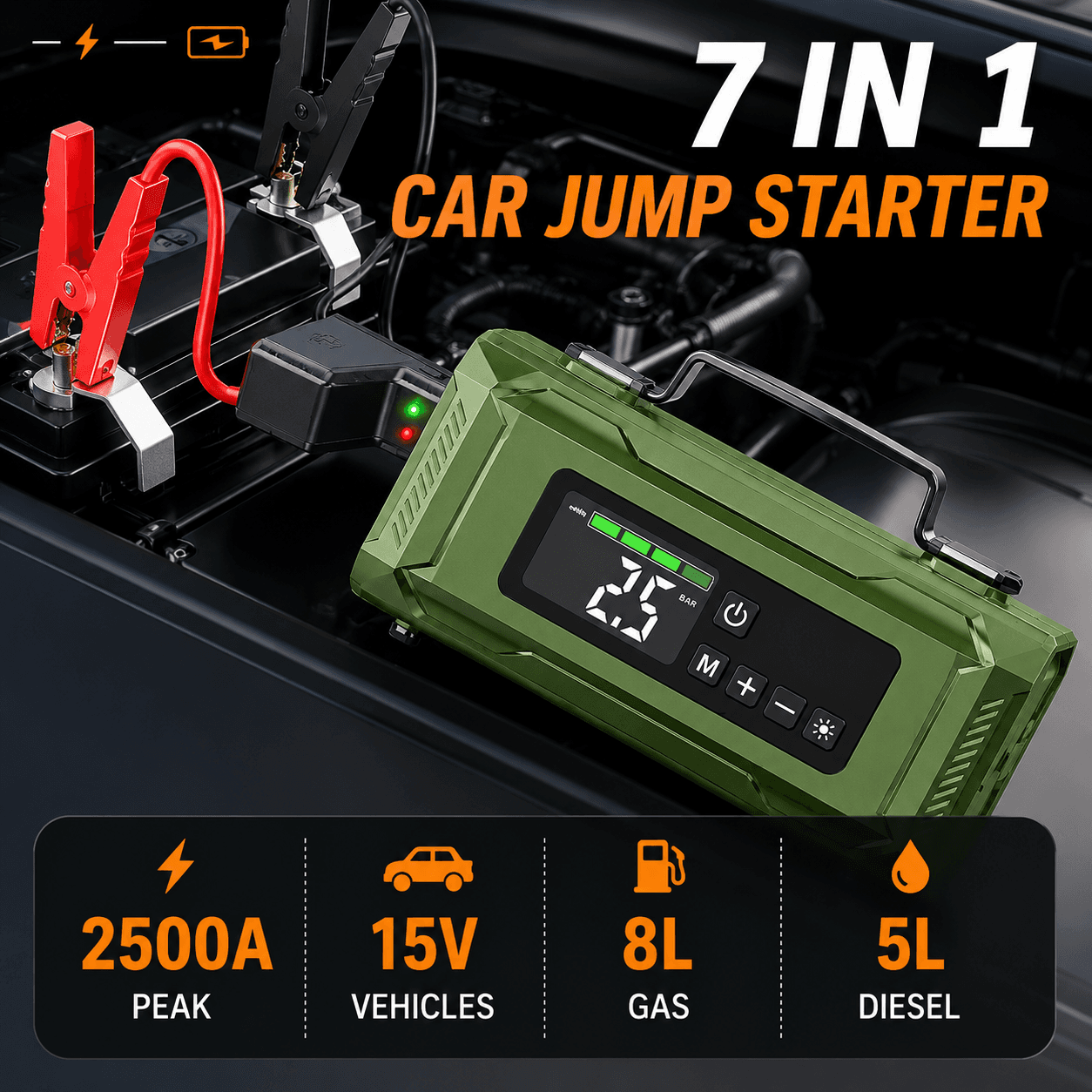 STARQ 7-in-1 Portable Jump Starter with Air Compressor, 15000mAh Battery, 2500A Peak Current, 150PSI Tyre Inflator, LED Emergency Light for Car, Bike & SUV 5