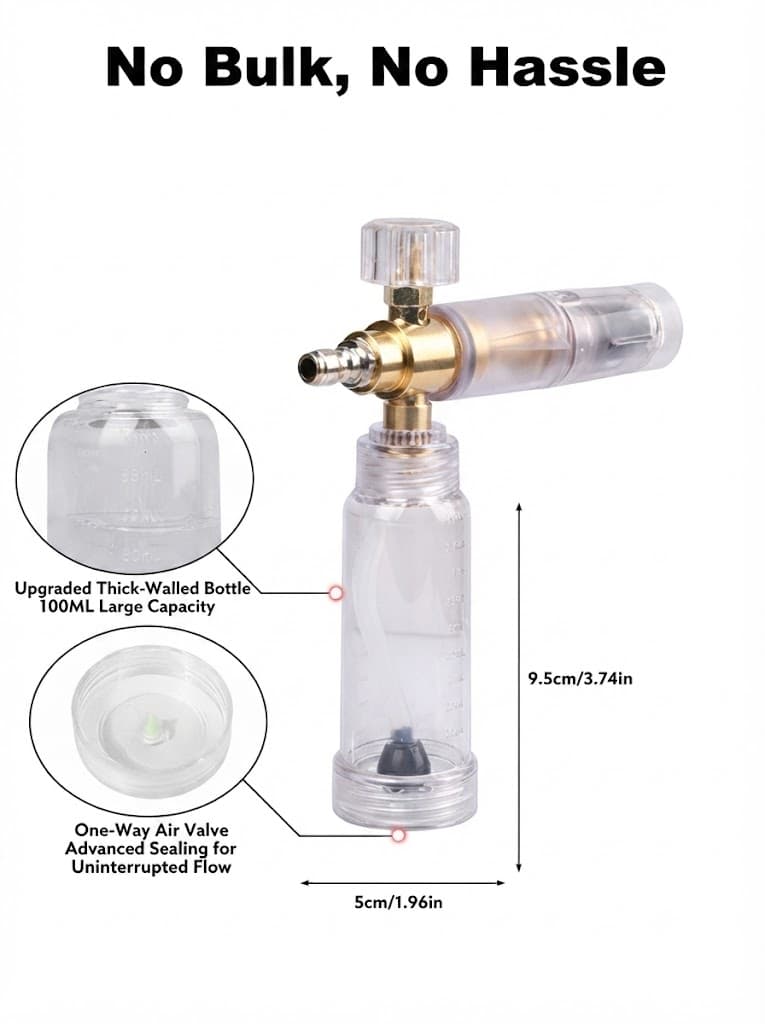 STARQ Nano Compact Size Heavy-Duty Professional Concentrate Foam Cannon Snow Lance 100 mL Bottle with 1.1mm Orifice 1/4″ Quick Connector for Pressure Washer Easy Gravity Fed Comes with Adapter 5