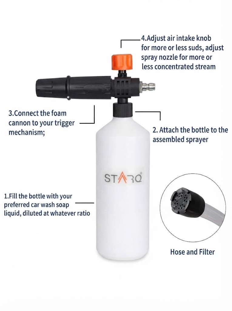 STARQ BLACK 1 Ltr Professional Snow Foam Lance/Canon with 1/4" Quick Connector Foam Blaster for Pressure Washer 2