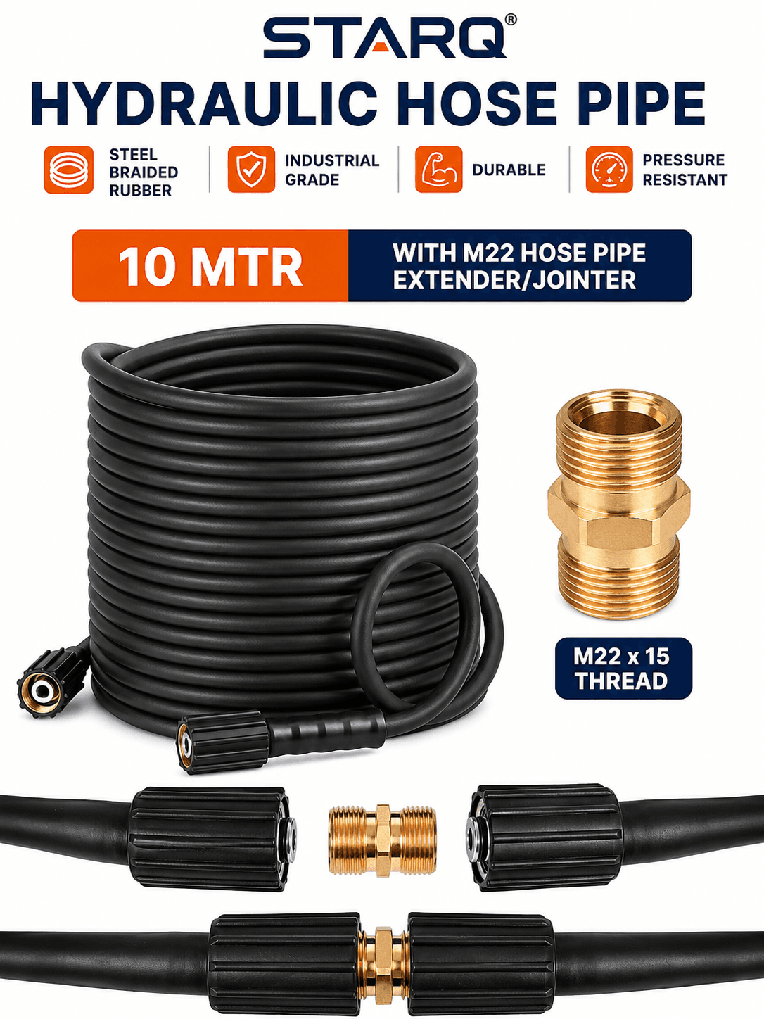Starq Hydraulic Hose Pipe 10Mtr with M22 Hose Pipe Extender/Jointer - Steel Braided Rubber Industrial Grade I Durable I Pressure Resistant I M22 x 15 Thread 2