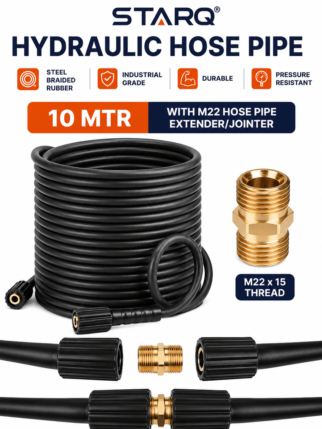 Starq Hydraulic Hose Pipe 10Mtr with M22 Hose Pipe Extender/Jointer - Steel Braided Rubber Industrial Grade I Durable I Pressure Resistant I M22 x 15 Thread 3