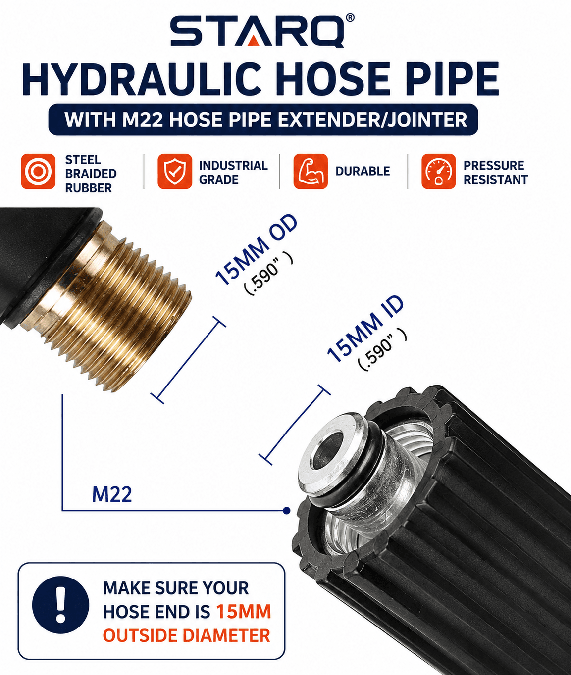 Starq Hydraulic Hose Pipe 10Mtr with M22 Hose Pipe Extender/Jointer - Steel Braided Rubber Industrial Grade I Durable I Pressure Resistant I M22 x 15 Thread 4