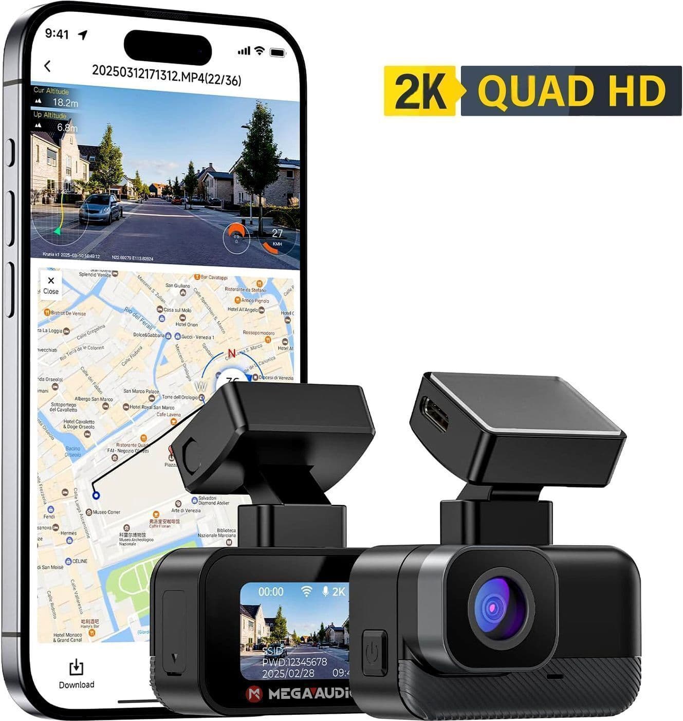 MEGAAUDIO 2K DashCam 1.47″ Display with WiFi, G-Sensor, 32GB Card & App Support 2
