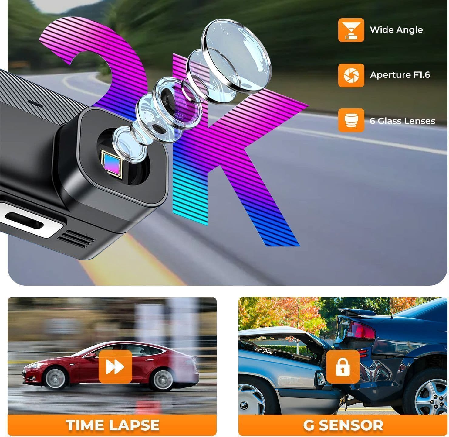 MEGAAUDIO 2K DashCam 1.47″ Display with WiFi, G-Sensor, 32GB Card & App Support 4