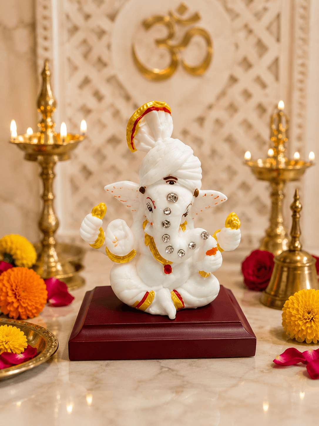 Car God Idol- Lord Ganesh- White with woooden base 3