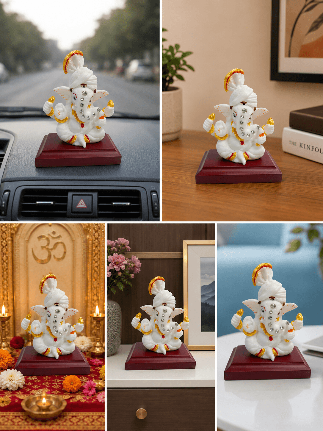 Car God Idol- Lord Ganesh- White with woooden base 4