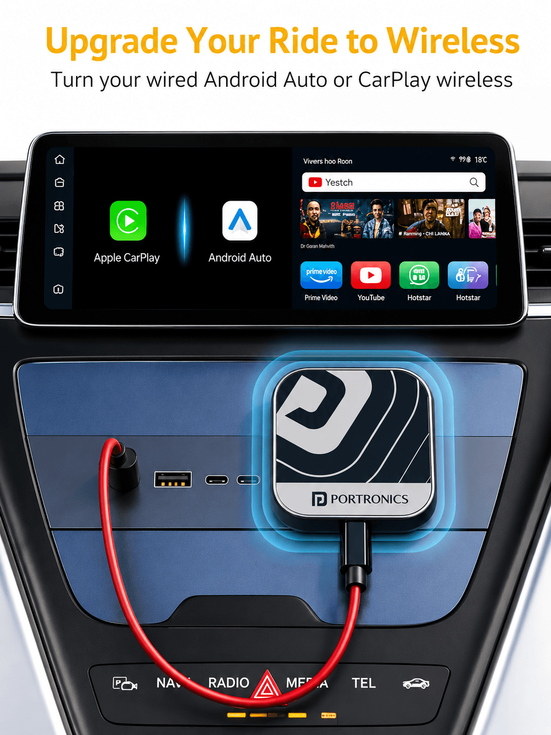 Tune Plus
CarPlay/Android Auto Adapter with Inbuilt YouTube & Netflix | Converts Wired to Wireless | USB A & Type-C Compatible | 3 GB RAM + 32 GB ROM 2