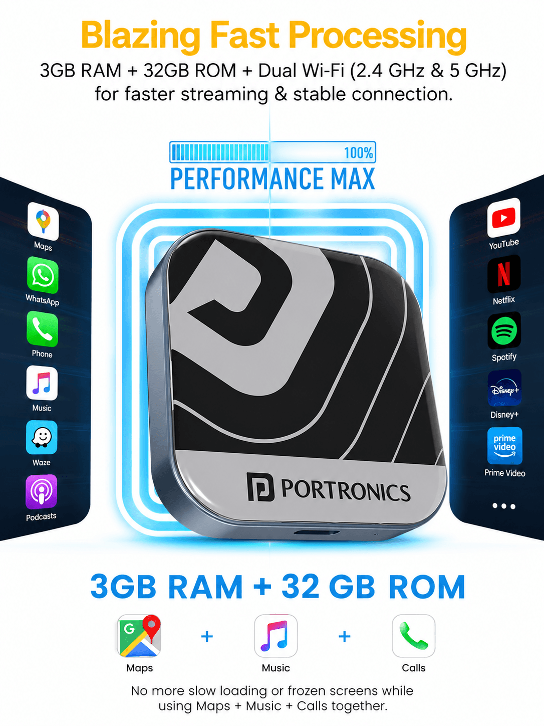 Tune Plus
CarPlay/Android Auto Adapter with Inbuilt YouTube & Netflix | Converts Wired to Wireless | USB A & Type-C Compatible | 3 GB RAM + 32 GB ROM 4