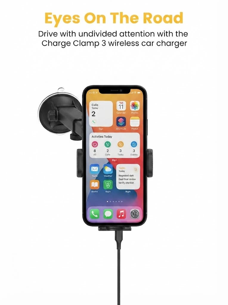 Portronics Charge Clamp 3 Wireless Car Charger with 15 Watts Fast Charging (Qi Compatible), Free Type-C Cable, 360 Rotation, for iPhone & Android Smartphones (Black) 2