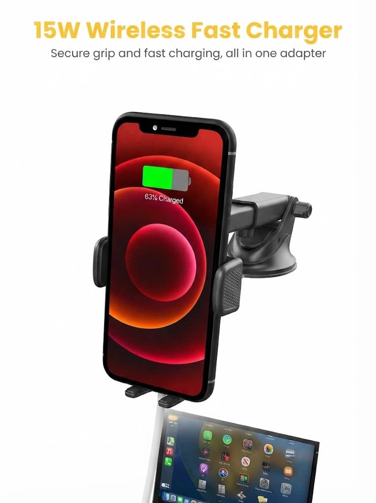 Portronics Charge Clamp 3 Wireless Car Charger with 15 Watts Fast Charging (Qi Compatible), Free Type-C Cable, 360 Rotation, for iPhone & Android Smartphones (Black) 3