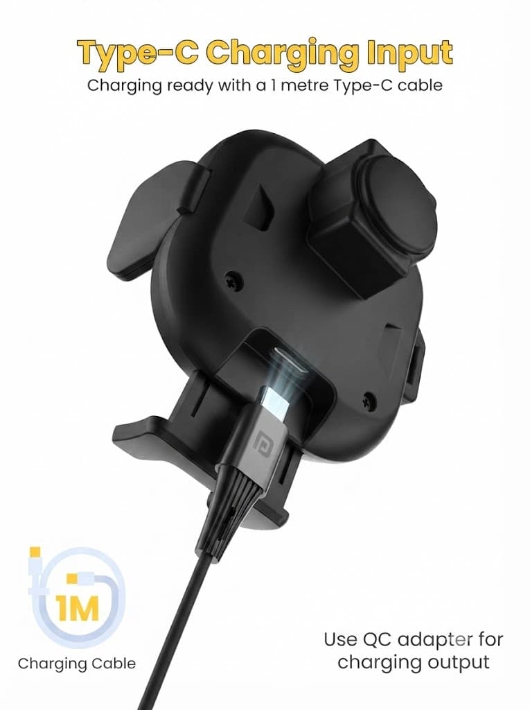 Portronics Charge Clamp 3 Wireless Car Charger with 15 Watts Fast Charging (Qi Compatible), Free Type-C Cable, 360 Rotation, for iPhone & Android Smartphones (Black) 5