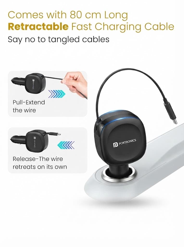 Portronics Car Power Flexo, 3-in-1 60W Car Charger, Retractable Cable (30W Type-C PD), Dual Port (18W USB Type-A,30W Type-C), for Power Bank, Phones, Tablets, Earbuds (Black) 3