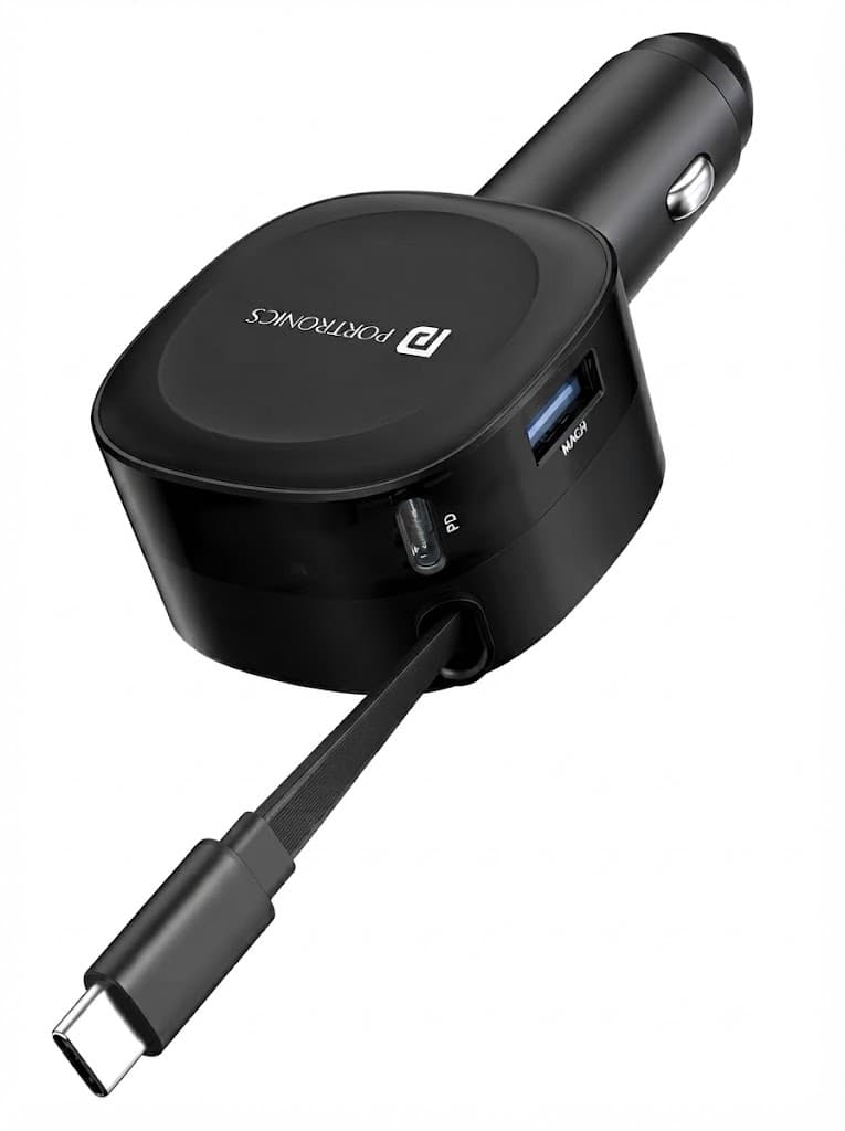 Portronics Car Power Flexo, 3-in-1 60W Car Charger, Retractable Cable (30W Type-C PD), Dual Port (18W USB Type-A,30W Type-C), for Power Bank, Phones, Tablets, Earbuds (Black) 4