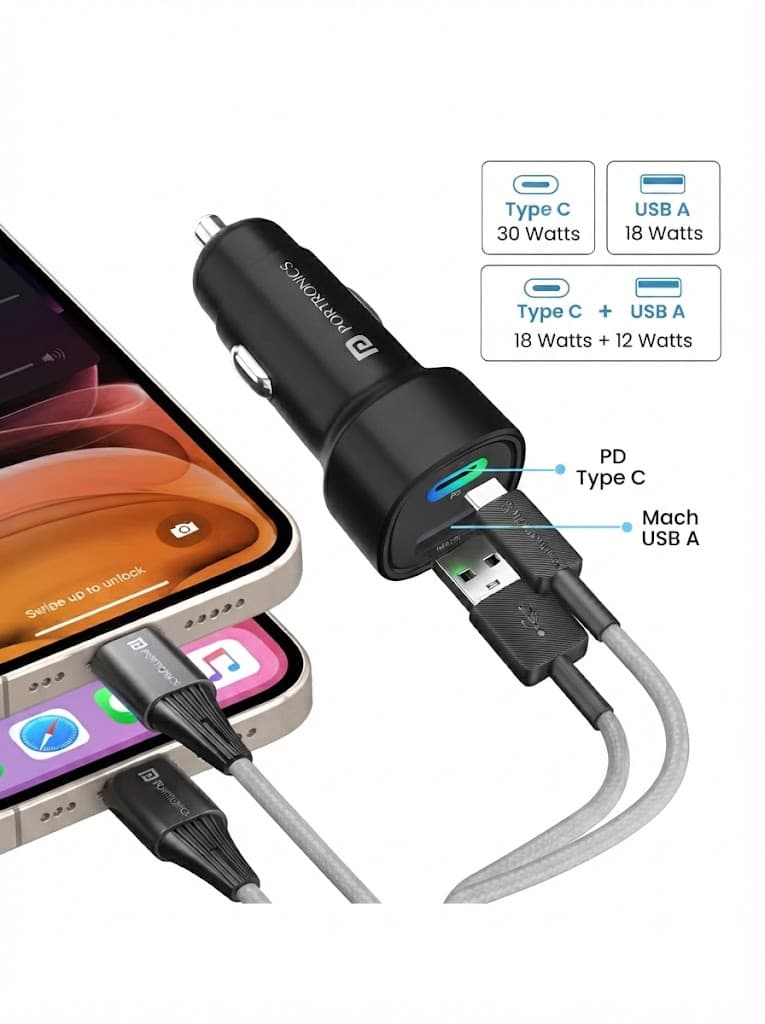 Portronics Car Power 30 Dual Output Fast Car Charger with 30W Type-C PD & 30W USB, LED Indicator, Charging Adapter Compatible with Cars for iPhone & Android Smartphone, Smartwatch(Black) 3