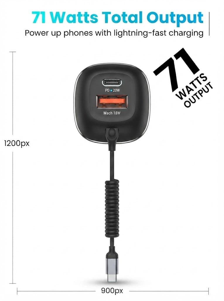 Portronics 71W Car Power 1C Triple Output Fast Car Charger with 33W Type-C Cable, 20W Type-C PD, 18W USB Port, Fast Charging Adapter Compatible with Cars for iPhone & Android Smartphone (Black) 3