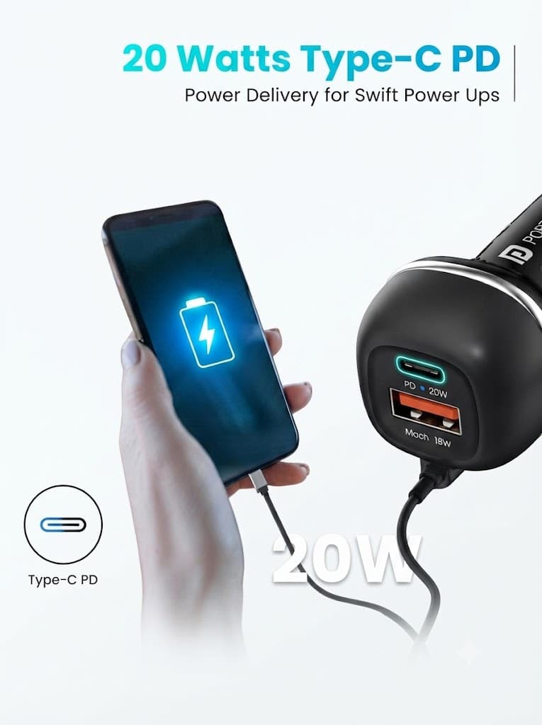 Portronics 71W Car Power 1C Triple Output Fast Car Charger with 33W Type-C Cable, 20W Type-C PD, 18W USB Port, Fast Charging Adapter Compatible with Cars for iPhone & Android Smartphone (Black) 4