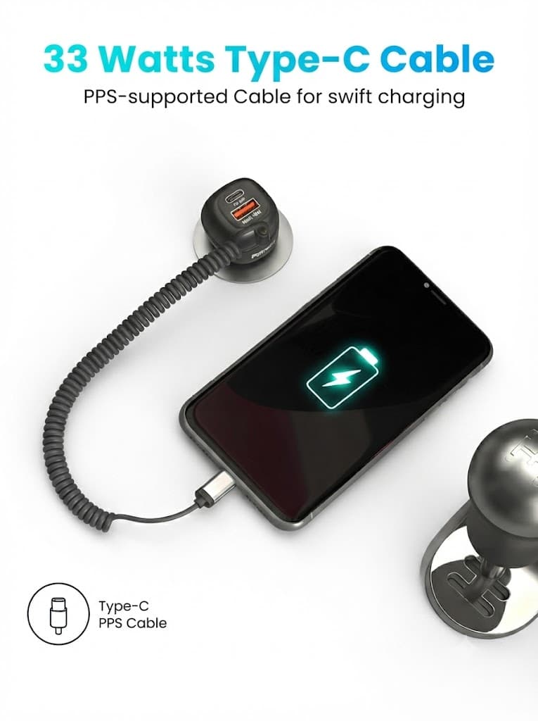 Portronics 71W Car Power 1C Triple Output Fast Car Charger with 33W Type-C Cable, 20W Type-C PD, 18W USB Port, Fast Charging Adapter Compatible with Cars for iPhone & Android Smartphone (Black) 5