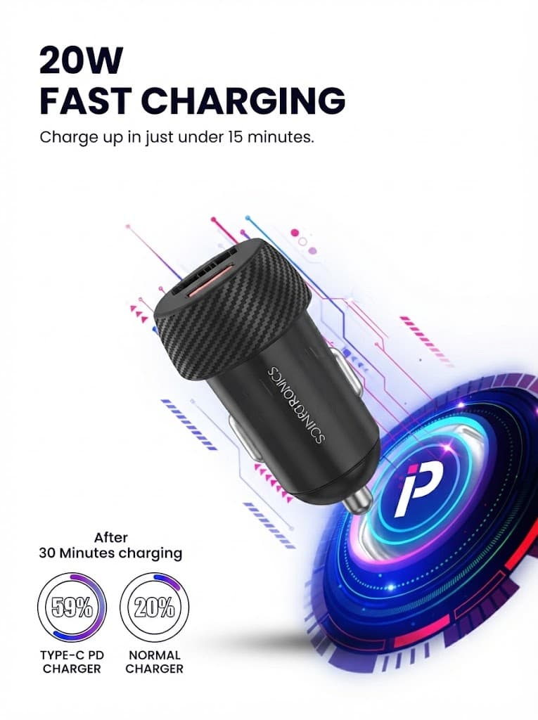 Portronics 20W Car Power 7 Car Charger with Dual Output (Type-C PD + USB), Fast Charging, Adapter Compatible for Most Cars & Cellular Phones (Black) 2