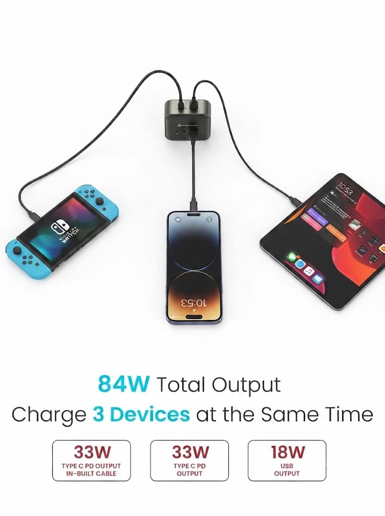 Portronics Car Power Retracto 84W 3 in 1 Car Charger, 80 cm Retractable Cable (33W Type-C PD), Dual Port (18W USB Type-A & 33W Type-C) for Laptop, Android, iPhone, Earbuds and More (Black) 2