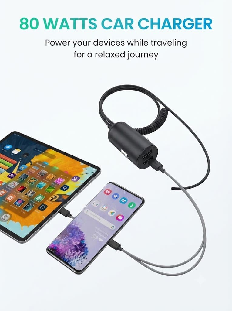 Portronics 80W Dual Output Fast Car Charger with Type-C PD & USB, LED Indicator, Charging Adapter Compatible with Cars for iPhone & Android Smartphone, Smartwatch, Earbud, Power Bank (Black) 2