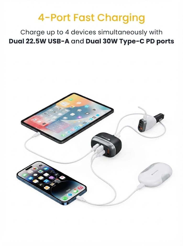 Portronics Car Power Trail 111W Car Charger, 4 Port Fast Car Charger, Dual 30W Type-C PD, Dual 22.5W USB-A, Front&Back Seat Charging with Cigarette Lighter Socket, Car Travel Essentials for Road Trips 3