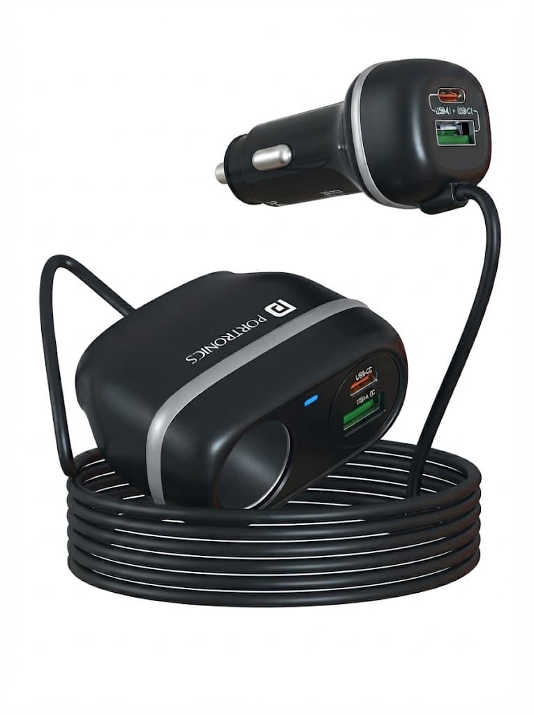 Portronics Car Power Trail 111W Car Charger, 4 Port Fast Car Charger, Dual 30W Type-C PD, Dual 22.5W USB-A, Front&Back Seat Charging with Cigarette Lighter Socket, Car Travel Essentials for Road Trips 4