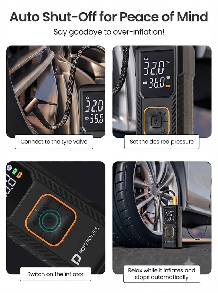 Vayu 9.0
Portable & Rechargeable Tyre Inflator | Type-C Fast Charging | LED Display | Auto Shut-Off | For Car, Bike & Sports Balls 3