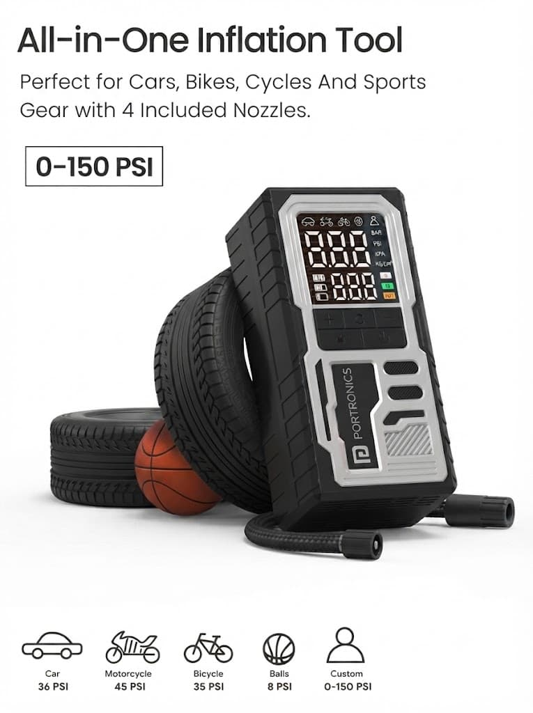 Vayu 10
Portable & Rechargeable Tyre Inflator | Type-C Fast Charging | LED Display | Auto Shut-Off | For Car, Bike & Sports Balls 2