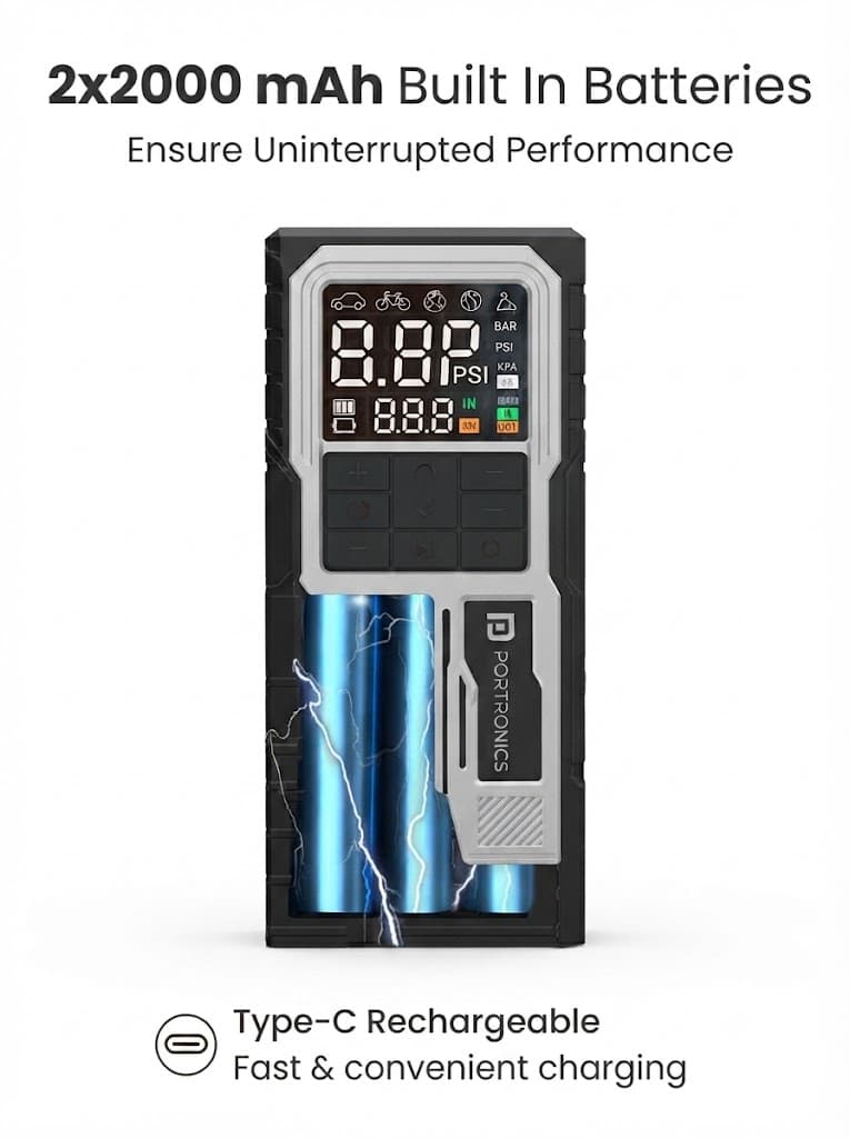 Vayu 10
Portable & Rechargeable Tyre Inflator | Type-C Fast Charging | LED Display | Auto Shut-Off | For Car, Bike & Sports Balls 5