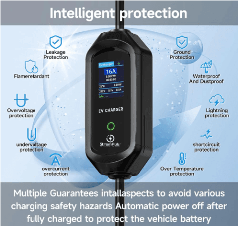 7.5 kW Portable EV Charger, Smart App, 1 Phase, 2.6inch Large Screen, IP65, 6 Meter TPU Cable, Adjustable Amp, Bag, Wall Holder Clips, Emergency Earthing off option, 5 Years Warranty* (Bundle) 3