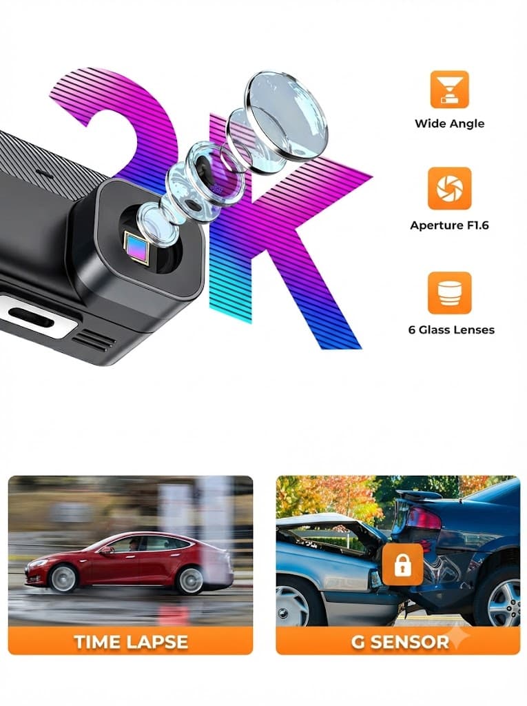 MEGAAUDIO 2K DashCam 1.47″ Display with WiFi, G-Sensor, 32GB Card & App Support 4