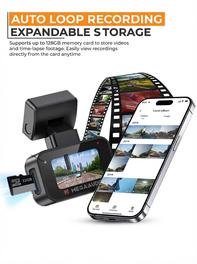MEGAAUDIO 2K DashCam 1.47″ Display with WiFi, G-Sensor, 32GB Card & App Support 5