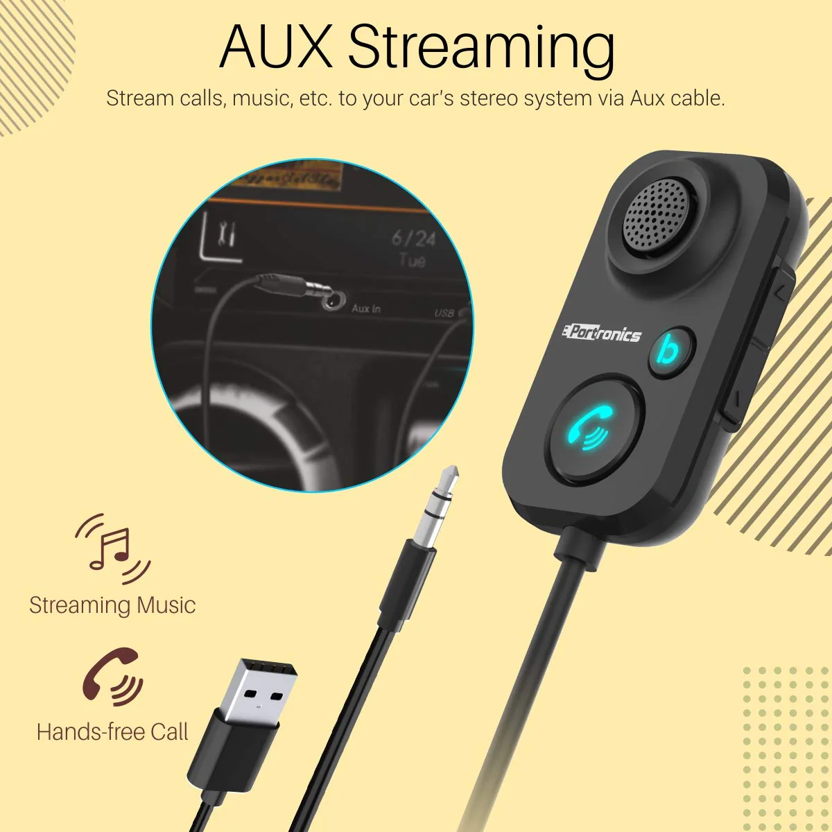 Auto 12
Car Bluetooth Receiver | 3.5mm AUX Connector | USB Port Powered | Call Button 3
