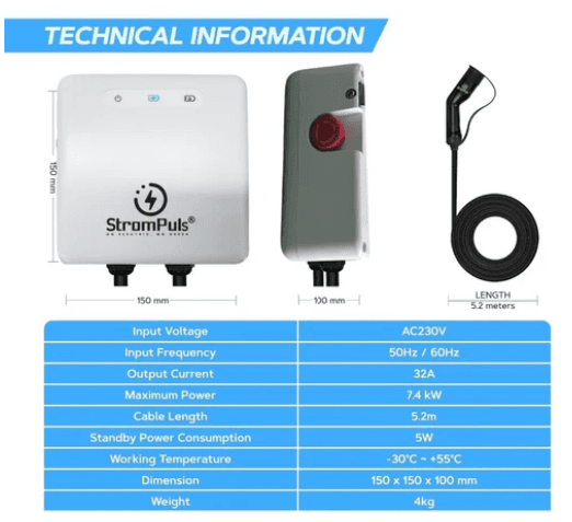 7.5kW EV Charger, Smart App, 32A, 1 Phase, 5M TPU Cable, Adjustable Amp, Indicator Light, WiFi BT, IP65, RCD A + 6ma DC, Emergency Earthing Off Option 5 Years Warranty* (White) 2
