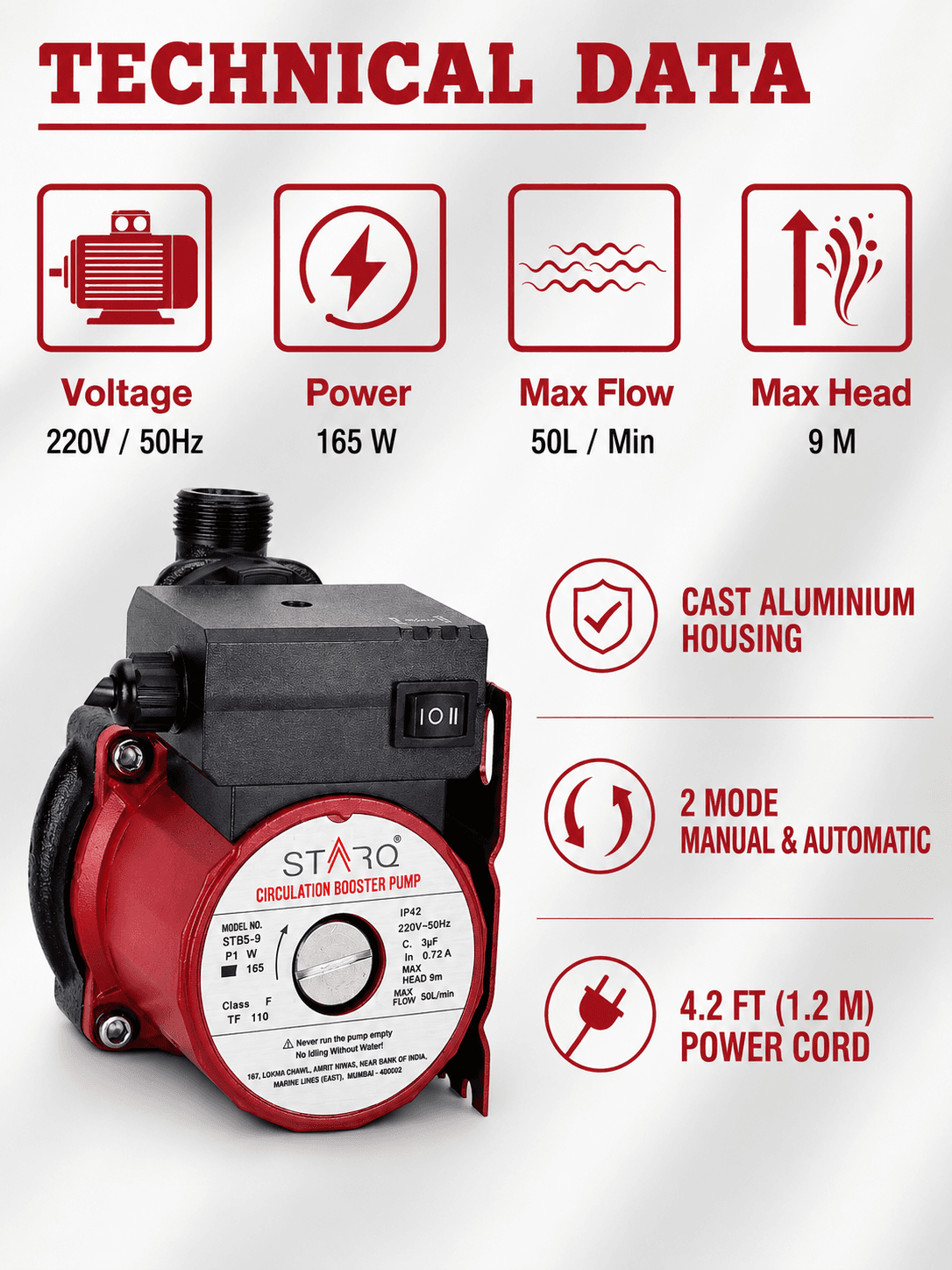 STARQ ST165-9 Inline Automatic Water Pressure Pump With Wall Mounting Bracket (RED) 3