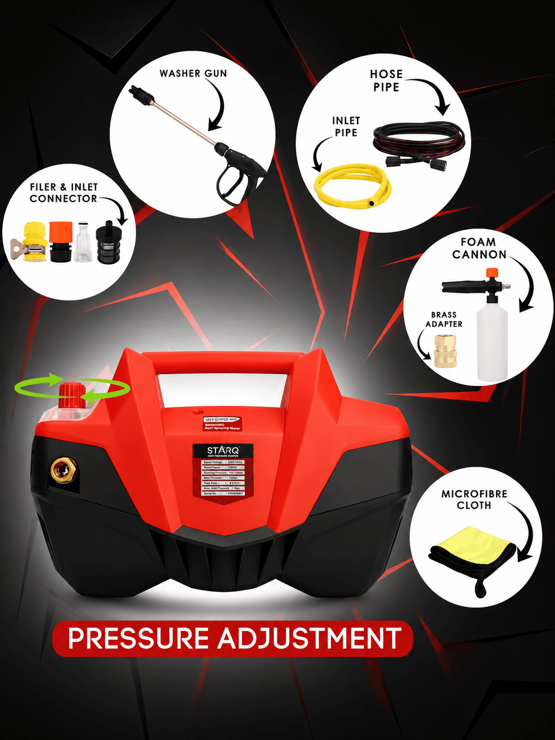 STARQ AQUABLAST2.6 2600W | 280 Bar | Heavy Duty High Pressure Car Washer | Pressure Adjustable with 1Ltr Professional Snow Foam Lance I Red 2