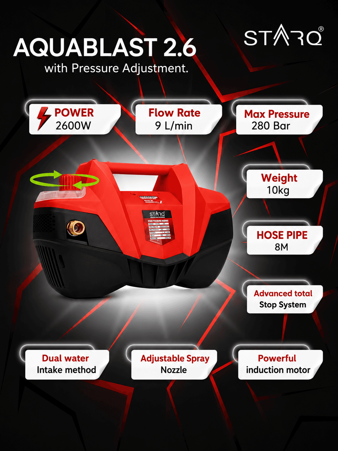STARQ AQUABLAST2.6 2600W | 280 Bar | Heavy Duty High Pressure Car Washer | Pressure Adjustable with 1Ltr Professional Snow Foam Lance I Red 3