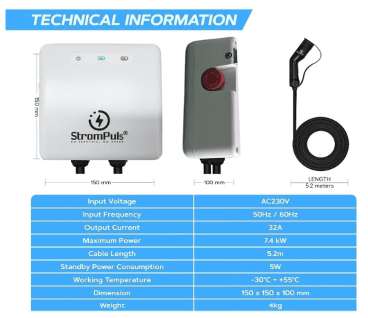 7.5kW EV Charger, Smart App, 32A, 1 Phase, 5M TPU Cable, Adjustable Amp, Indicator Light, WiFi BT, IP65, RCD A + 6ma DC, Emergency Earthing Off Option 5 Years Warranty* (White) 2