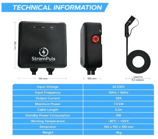 7.5kW EV Charger, Smart App, 32A, 1 Phase, 5M TPU Cable, Adjustable Amp, Indicator Light, WiFi BT, IP65, RCD A + 6ma DC, Emergency Earthing Off Option, 5 Years Warranty* (Black) 2