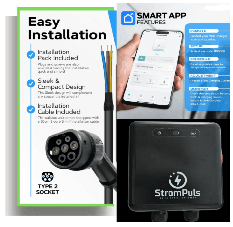 7.5kW EV Charger, Smart App, 32A, 1 Phase, 5M TPU Cable, Adjustable Amp, Indicator Light, WiFi BT, IP65, RCD A + 6ma DC, Emergency Earthing Off Option, 5 Years Warranty* (Black) 4