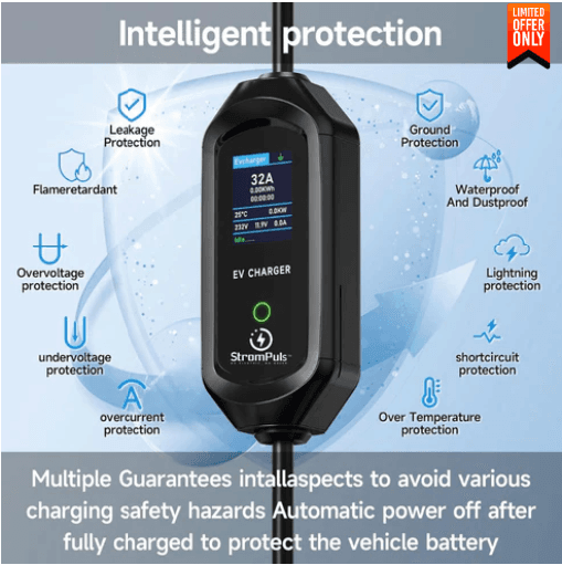 3.6kW Portable EV Charger, Smart APP, Adjustable Amps, 6 Meter TPU Cable, 16A 1 Phase, 3 inch Large Screen, Bag, Wallholder, Surge & Pen Protection, Earthing Off Option. 5 Years Warranty* 3